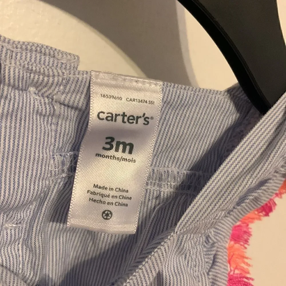 Carters EUC blue/white striped dress with neon floral/fringe detail Size 3 mo